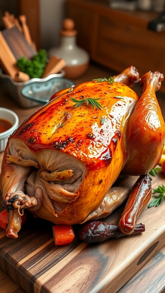Roasted half duck with crispy skin, garnished with herbs, on a wooden board with roasted vegetables.